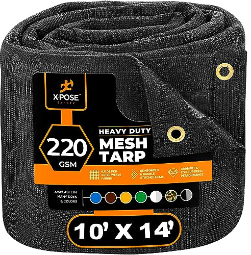 Xpose Safety Heavy Duty Mesh Tarp – 10’ x 14’ Multipurpose Black Protective Cover with Air Flow - Use for Tie Downs, Shade, Fences, Canopies, Dump Trucks – Tear Resistant