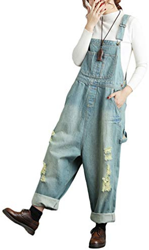 YuanDian Donna Denim Salopette Jeans Gamba Larga Stampa Taglia Grossa Tuta Jumpsuit Tutina Intere Pantaloni maternità Oversize Tuta Romper Jeans 5# Bleu Clair