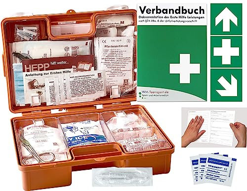 Verbandskoffer/Verbandskasten (K) INKL. 90° ARRETIERUNG -Paket 1- Erste Hilfe - aktuelle DIN 13157 für Betriebe -DSGVO- INKL. PERFORIERTEM VERBANDBUCH + Folienaufkleber