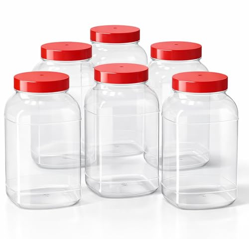 Truenova Plastic Storage Jars Set of 6 x 4.5L Extra Large with Red Screw Top Lids – Food Grade BPA Free for Kitchen Storage & Garage Organisation