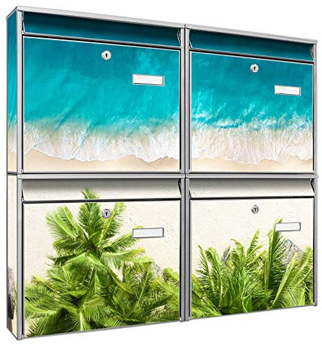 banjado Briefkastenanlage 4 Fach - Postkästen groß - verzinkter Stahl Silber DIN A4 Motiv Strandtag - Briefkasten Set 4 Briefkästen Namensschild, 2 Schlüssel, Montagematerial