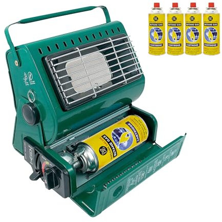 Portable Gas Heater + 4 Butane Gas Bottles Canisters - For Outdoor Camping, Hiking, Fishing, Caravan & Skiing Trips - Emergency, Safety Grill, Auto Ignition, Carry Handle & Temp Control