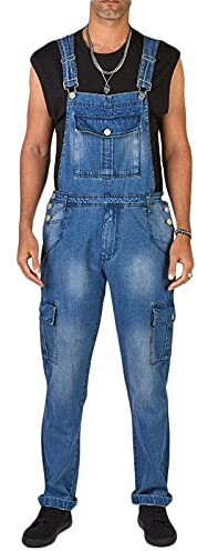 ENEN Salopette da Uomo in Denim, Jeans Pagliaccetti con Bretelle Moda Tasca Cargo Pantaloni Larghi da Lavoro Casual Tuta da Uomo in Denim Pantaloni Reggicalze