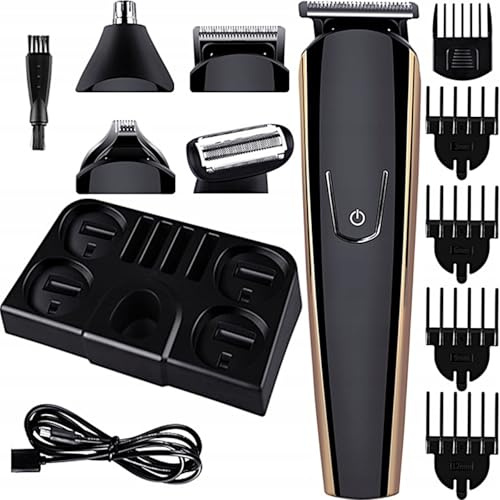 Retoo Haarschneidemaschine 10 in 1, Barttrimmer, 120 Min, 9 Aufsätze | 3 W, 5 Std. Ladezeit, Edelstahlklingen, USB-Kabel, Station, Bürste und Pflegeöl, schwarz/gold