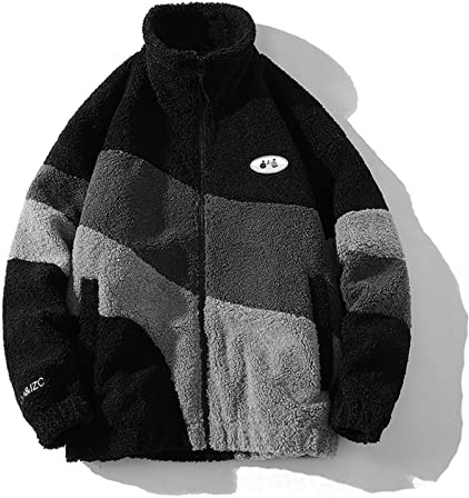 HB1 Vintage Polar Fleece Jacket Oversized Windproof Jacket Winter Warm Coat Casual Stand-up Collar Men Outwear,Black,M(55kg)