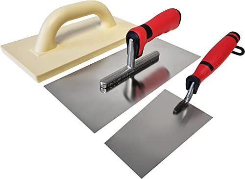 Maurerfreund, Set de 3 pièces avec outils de plâtre, truelle de lissage en acier inoxydable avec poignée souple confortable, planche à râper en plastique, fabriquée en Allemagne