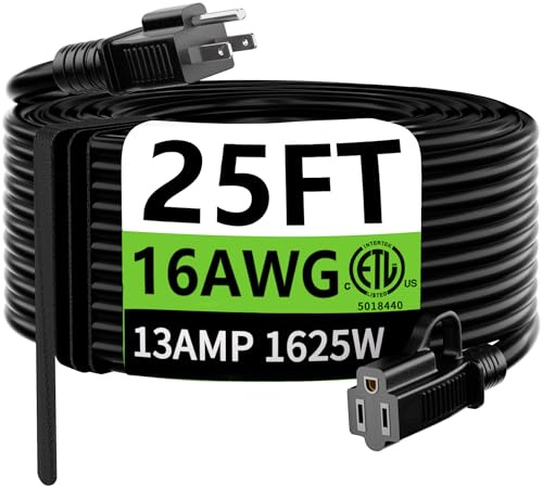 HUANCHAIN Indoor Outdoor Black Extension Cord 25 ft Waterproof, 16/3 Gauge Flexible Cold-Resistant Appliance Cable Outside, 13A 1625W 16AWG SJTW, 3 Prong Electric Cord, ETL