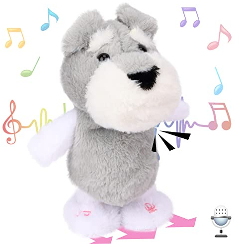 Hopearl Sprechender Schnauzer Singend Hund Wiederholt Gesagtes Welpe Laufend Elektrisch Interaktiv Animiertes Spielzeug Sprechendes Plüschtier Geschenke für Kleinkinder, Grau, 20 cm