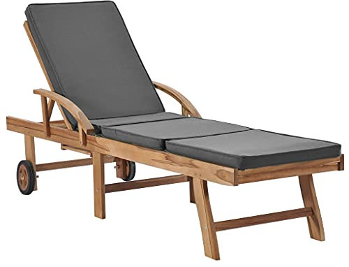 Makastle Garten Liege Relax Massivholz Gartenliege Liegestuhl Sonnenliege mit Armlehnen und Rollen, Relaxliege mit Verstellbarer Rücklehne und Auflagen, 195 x 59,5 x 35 cm Dunkelgrau