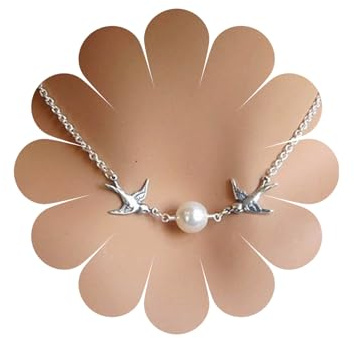 Allereya Collier Colombe de la Paix Double Hirondelle Avec Pendentif Perle Unique - Ras du Cou en Argent, Oiseau Volant, Style Vintage - Bijoux pour Femme et Fille