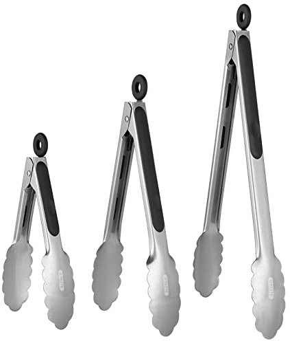 U-Taste Edelstahl-Küchenzange mit einteiligen robusten Metallspitzen & rutschfestem silikonbeschichtetem Griff & glatter Verriegelung zum Kochen Grillen Salatbuffet Servieren BBQ (18/23/30cm, Schwarz)