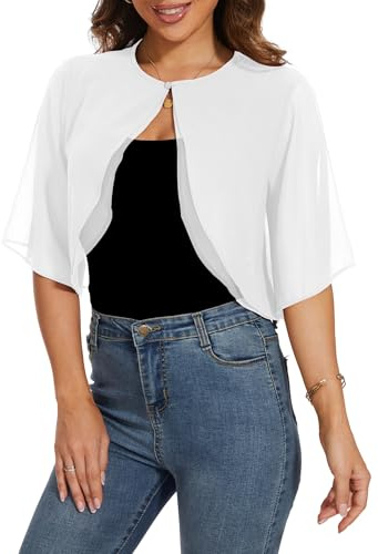 Coprispalle Donna Elegante Bolero Chiffon Cardigan Maniche a 3/4 Solid Top Cover-up Estivo Giacca Corto Leggero Trasparente Aperto sul Davanti Copricostumi Shrug Corto Estivi S-XXL