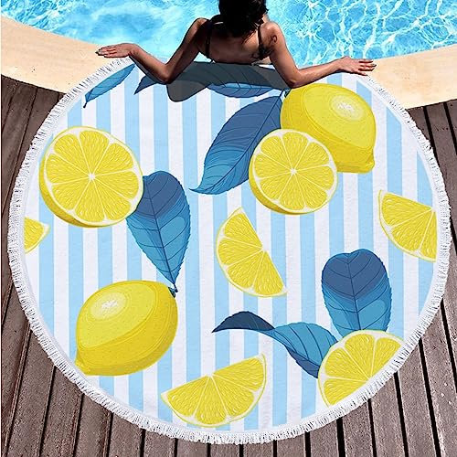 Epinki Strandtuch XXL Rund 150x150CM, Zitrone Blätter Streifen Strandtücher aus Mikrofaser, Strandtücher Badetuch Schnelltrocknend Leicht Strandhandtuch für Strand/Poolside - Gelb Blau Weiß