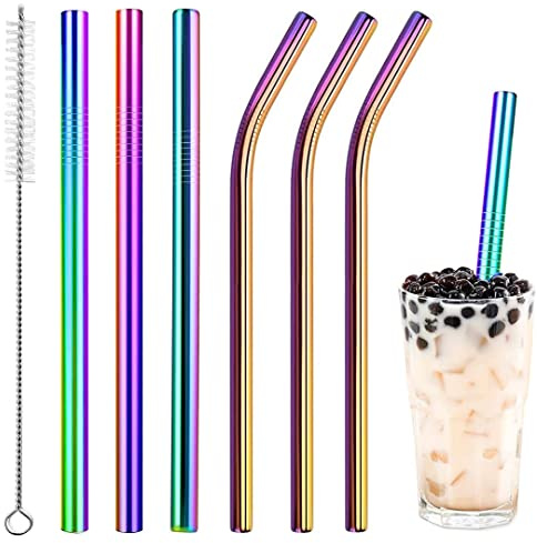 Vinaco Lot de 6 pailles à milkshake arc-en-ciel en acier inoxydable, 26,7 cm et 21,6 cm de long, 1 cm de large, réutilisables, respectueuses de l'environnement, extra larges