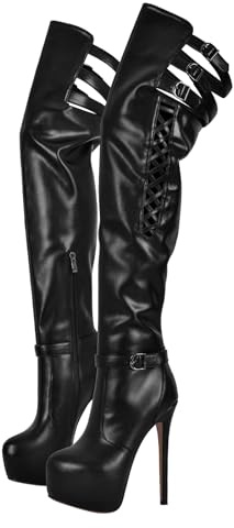 blingqueen Damen Sexy Plateau Overknee Stiletto Stiefel Boots mit Reißverschluss Riemen Schnallen PU Schwarz 45 EU