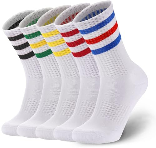 Geebuzz 5 Pairs Mens Socks Cotton Cushioned Sports Socks Striped Crew Athletic Running Socks for Men Women Teens