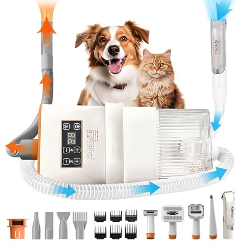 KITPLUS Kit de toilettage pour chien, tondeuse pour chien, aspirateur professionnel de toilettage avec grande capacité, 8 outils de toilettage, aspiration 99 % des poils d'animaux pour une perte