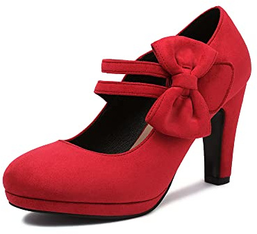 elerhythm Mary Jane Tacchi con Fiocco, Punta Tonda Chiusa, Scarpe con Tacco Retro in Camoscio, Eleganti, Stile Vintage Gatsby