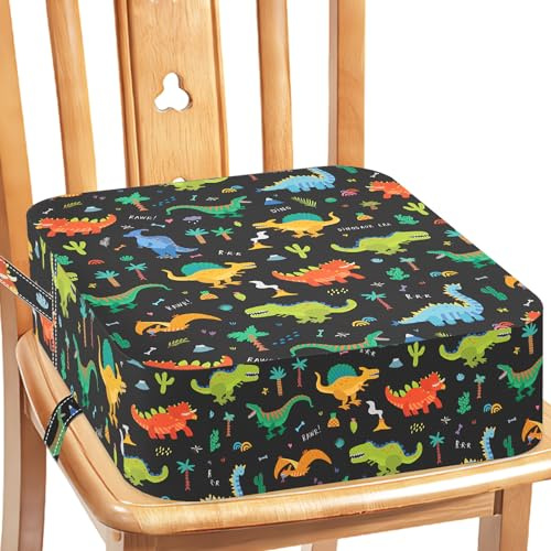 SYNTAXHO Booster Seat Dining Chair - Cartoon Canvas Washable 4 Straps Kids Booster Seat for Dining Table, Portable Travel Increasing Cushion, Dinosaur-Black