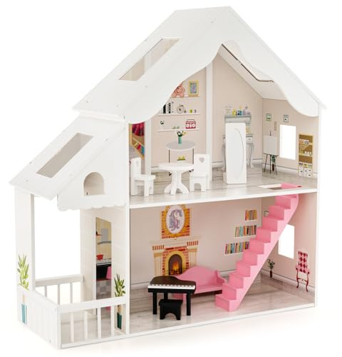 COSTWAY Casa delle Bambole in Legno per Bambini, Casetta delle Bambole con Stanze e Set di Mobili, 2 Grandi Lucernari e Carta da Parati, Regalo per Bambini 3+ Anni