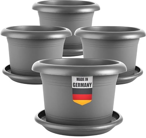 SUSTANIA 4er Set Pflanzkübel für Außen 30cm Durchmesser - Groß Anthrazit Tomatentöpfe Blumentöpfe mit Untersetzer aus Kunststoff, Wetterfest, für Garten, Balkon, Terasse