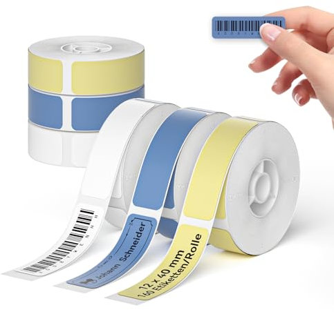 NIIMBOT Etiketten für D110 D11 D101 Etikettendrucker, 12 x 40 mm 160 Etiketten pro Rolle, Selbstklebender Etikettenband 6 Rollen Thermo-Etikettenband für Zuhause, Büro, Schule, Weiß Blau Gelb