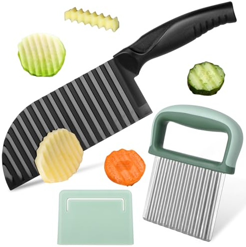 Moosono Wellenschneider, Wellenschneider Gemüse | 2 Stück Pommes- und Salatschneider aus Edelstahl+ Crinkle Cutter mit Schützendem und Schutzhülle
