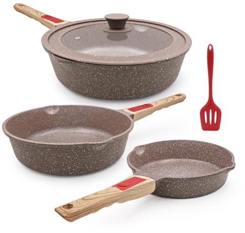 Aikenbbkk Set di Padelle in Ceramica 5 Pezzi, Padella con Coperchio 20/24/28 cm Padella con Rivestimento Antiaderente in Ceramica con Manico Rimovibile, Lavabile in Forno e in Lavastoviglie- Marrone