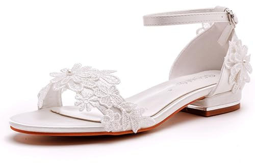 FGRID Women Chunky Low Heels Wedding Sandals, Sexy Peep Toe White Lace Floral Flats Bridal Sandals, Summer Satin Ankle Buckle Dolly Dress Sandals