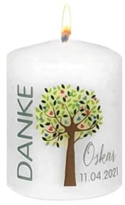 Wiedemann Kerzen Gastgeschenk Taufkerze 60 x Ø 50 mm in Weiß Danke und Baum bunt und Namensverzierung, 12 Stück