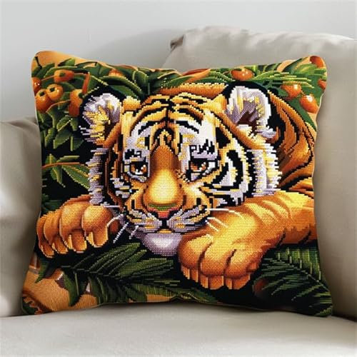 kitphoenix Knüpfkissen Set Tiger Latch Hook Kissen Kit für Kinder oder Anfänger Erwachsene zum Selber Knüpfen, DIY Knüpfteppich Knüpfpackung, Knüpfhaken Set 43 x 43 cm