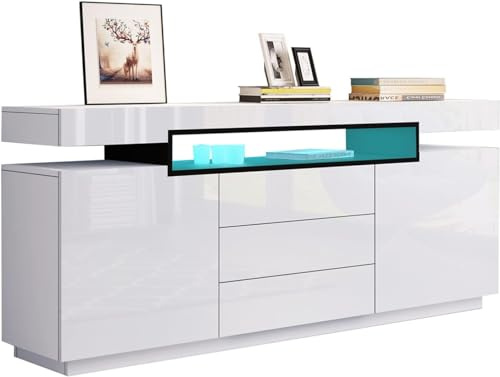 LED Sideboard Storage Cabinet, High Gloss TV Unit Home Furniture White