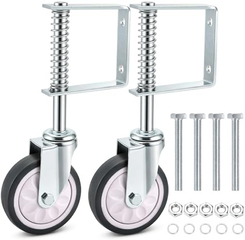 Goaste 2 Pack Spring Loaded Gate Casters, 4 Inch Heavy Duty Gate Wheels, 360 Degree Sliding Gate Wheels, Rubber Gate Support Wheels with Universal Mount Plate for Wooden Gate Metal Gate Fence, 220lbs