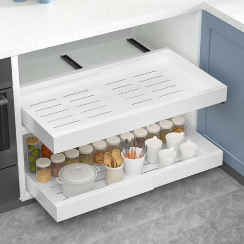 Alishomtll Teleskopschublade, Ausziehbare Schublade Küchen, Küchenschrank Verstellbare Breite, Metall Schrank Organizer Ausziehbar Kein Bohren, für Küche, Bad, Wohnzimmer, 43-68x42x7cm Weiß