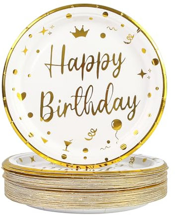 DHAIQC 50 Stück Pappteller 18 cm, Weiß Gold Einwegteller mit Goldrand für Geburtstag, Partygeschirr