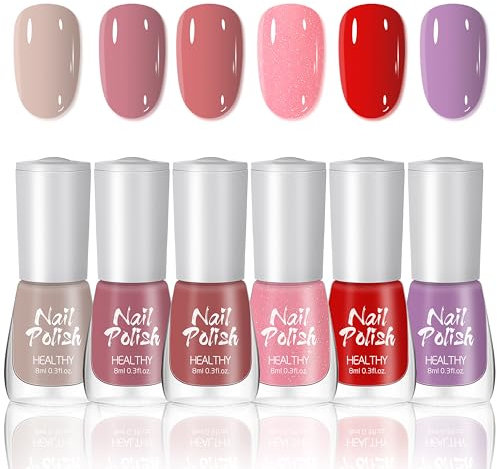 6 Farben Nagellack Set - Schnelltrocknender & Langanhaltender Nagellack Nude Pink Lila Rot Glitzer Effekt Nagellack - Wasserbasierter Ungiftiger Kein UV-Lack für Nageldesign zu Hause (Bunt B, 6pcs)