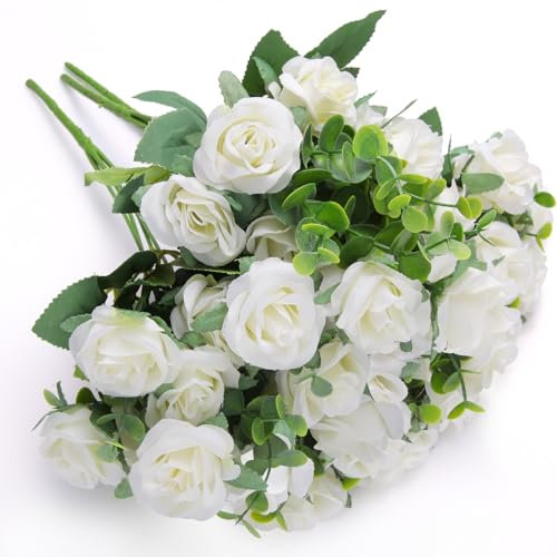 Sandiyago 33 Köpfe Seidenblumen Strauß DREI Farben, Künstliche Blumen, Hochzeitsstrauß, Kunstblumenstrauß, Brautstrauß, Party, Hochzeit, Tischdekoration, Heimdekoration(Weiß)