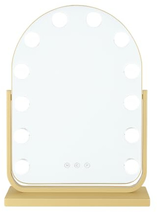 Luxaliving Hollywood Spiegel mit Lichtern Schminkspiegel für Schlafzimmer, Eitelkeit Gebogener Spiegel mit 12 Dimmbaren Lampen Smart Touch Control 3 Farben Beleuchtungsmodi, Gold 30 * 40