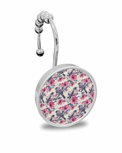 Shower Curtain Hooks Set of 12, Bird Nature Vintage Plant Tree Branches Birds Flowers Crystal Glass Showers Curtains Rings, Bathroom Decor Stainless Steel Rust Proof Roller Shower Curtain Hangers