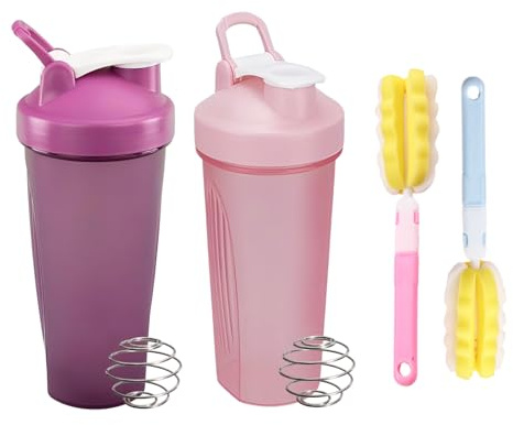 Tokaneit - Botellas de coctelera de proteínas para batidora de proteínas con 2 bolas mixtas de acero inoxidable + 2 cepillos de espuma para fitness, tapa antifugas con correa de mano, 600 ml
