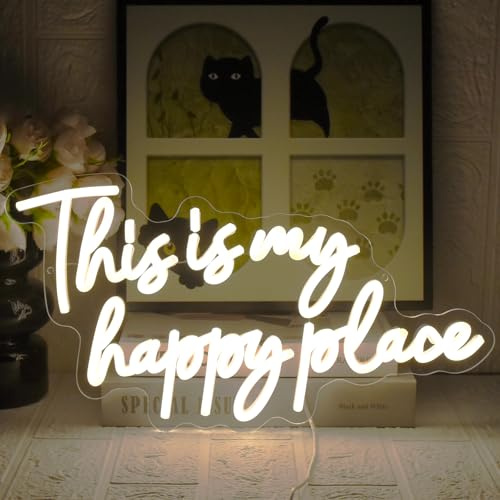 UExnkj-Y This is My Happy Place Neon Schild Warmweiß Buchstaben Neonlich USB LED Neonschilder für Schlafzimmer, Spielzimmer, Bar, Party, Geburtstag