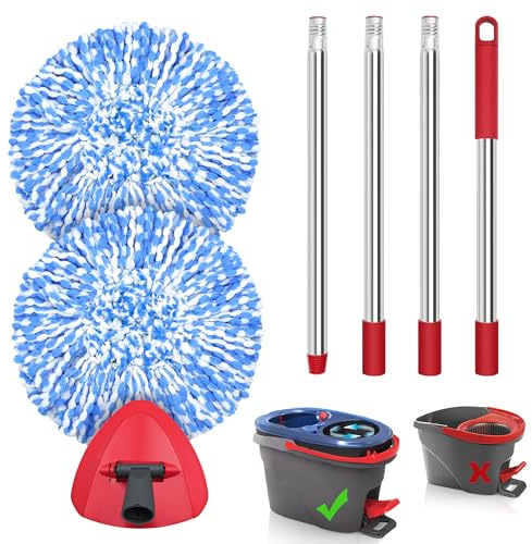 JEHONN Spin Mop Replacement Heads, Base, Handle for Vileda H2Pro Turbo System, Includes 2 Microfiber Refills, 1 Triangle Cover and 148 cm Long Pole for Cleaning Bathroom Kitchen Tile Floor