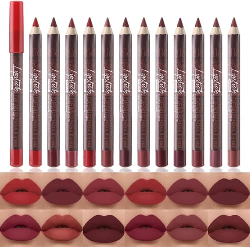 Teekerwang 12pcs Nude Matte Lip Liner Pencil Set, Thick 24 Hour Long Lasting Waterproof Lip Liner Lipstick, Matte Lipstick and Lip Pencil for Women (B Set)