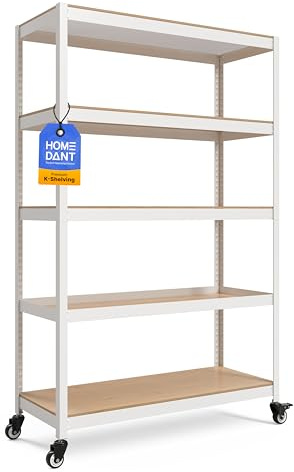 HOMEDANT House Premium-Rollregal Schwerlastregal mit Rollen Kellerregal Lagerregal Haushaltsregal Küchenregal Garagenregal 40 x 120 x 180cm Regal mit Laminat-MDF-Böden verstellbare Ablagen Weiß