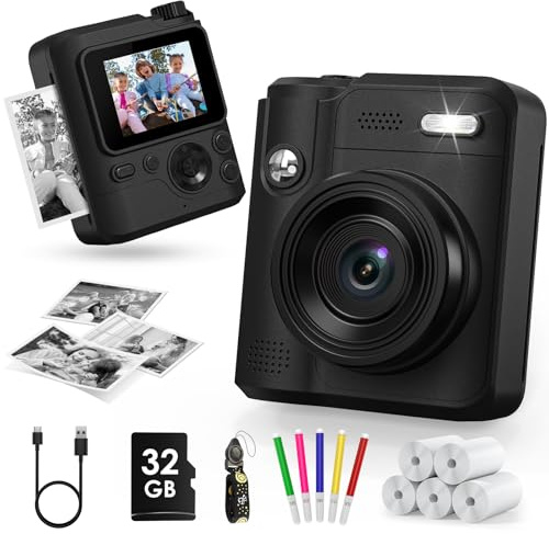 Gofunly Appareil Photo Instantané Enfants, 1080P Appareil Photo Numérique Enfant & Caméra Vidéo avec Carte de 32GB & 5 Rouleaux de Papier d'impression, Cadeaux pour Garçons & Filles de 3-12 Ans(Noir)