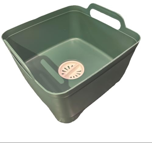 Kitchen Washing Up Bowl with Handles and Drain Plug, White, Plastic, Green and white