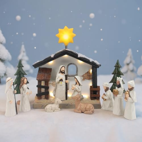 Top-spring Figurines de crèche de Noël avec éclairage, crèche de Noël complète, petites figurines de crèche, étable, crèche de Noël intérieure, scène de la Nativité (lot de 13)