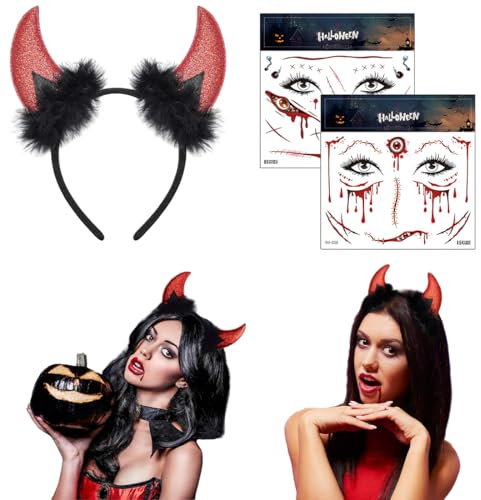 Oreilles Diable Bandeau, Halloween Serre-Tête Cornes de Diable Femme, Cornes de Diable Bandeau avec Visage Tatoué, Costume de Vampire pour Carnaval Halloween Cosplay, Accessoires Halloween