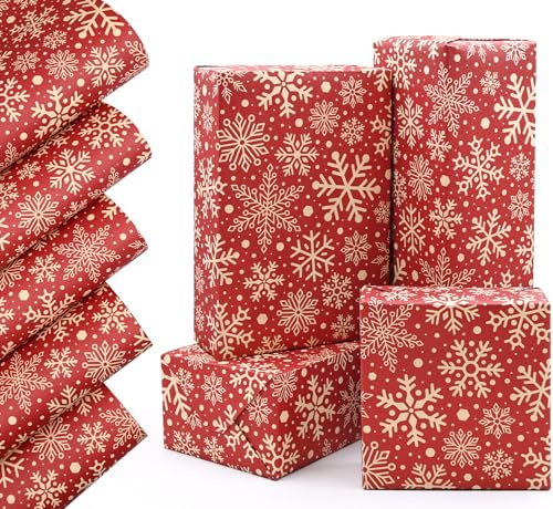 QRTDXP Red 5pcs Christmas Wrapping Paper Sheets, 50 * 70cm Snowflake Recyclable Kraft Paper for Xmas Gift Wrap Perfect for Christmas Party Decoration