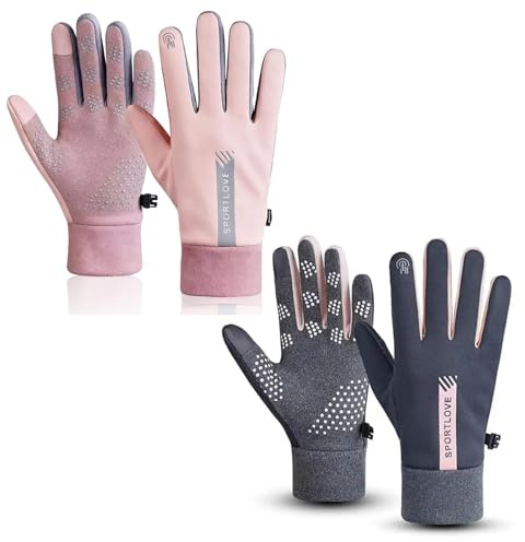 DqiUnaX 2 Paar Laufhandschuhe Damen Winter, Fahrradhandschuhe Winter Damen, Dünne Handschuhe Für Outdoor Sport, Warme Touchscreen Handschuhe Für Radfahren, Laufen, Wandern